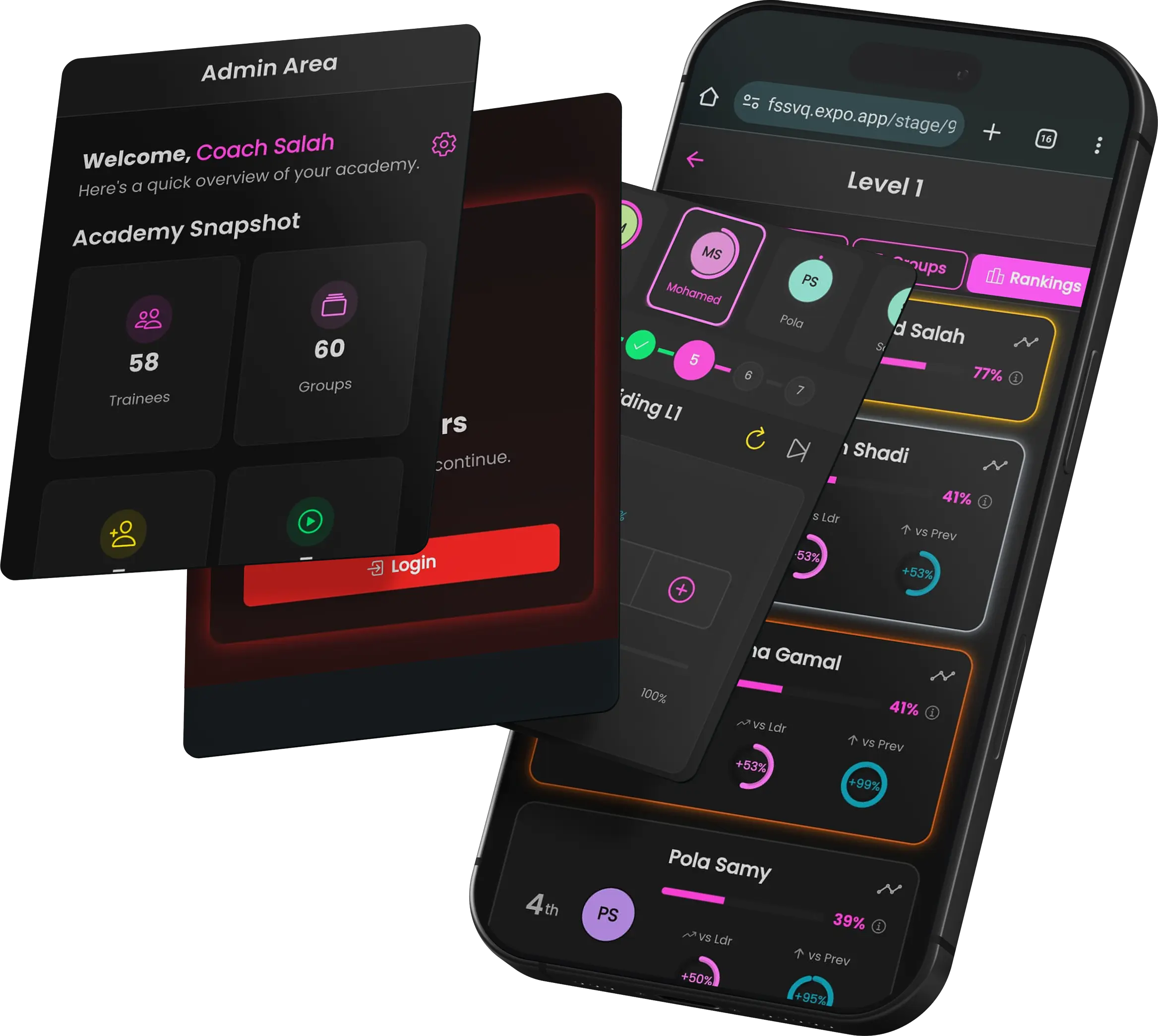 Demonstration of VitaQ's white-label capabilities, showing an admin area UI card floating next to a phone displaying a list of athletes.